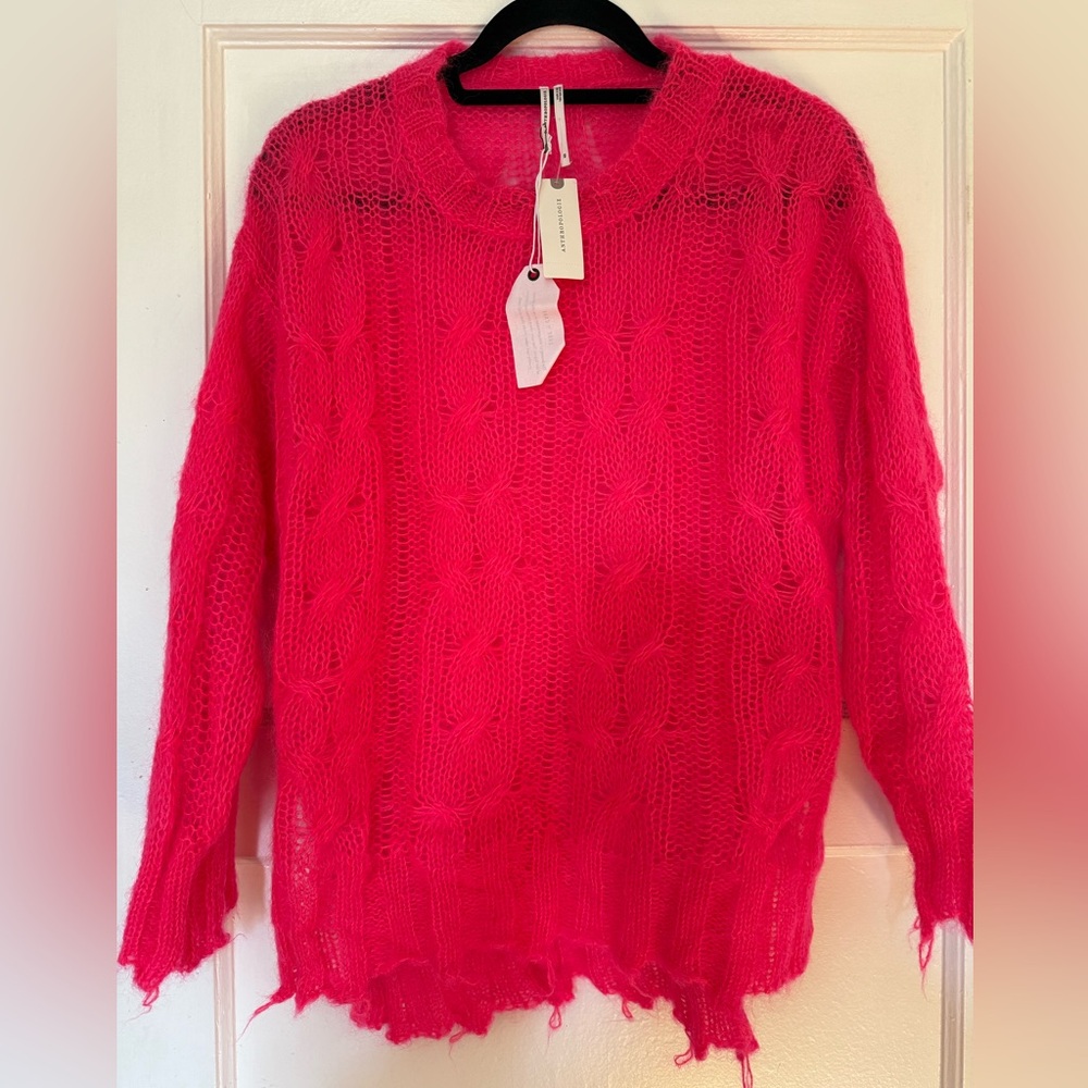 ANTHROPOLOGIE The Posey Stitchy Distressed Sweater Neon Pink oversized XS